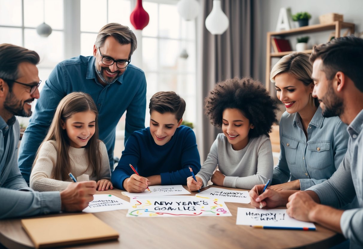 A family sitting around a table, writing out their New Year's goals and discussing their traditions for the upcoming year