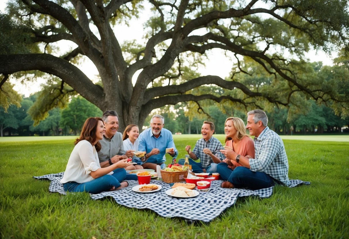 A family picnic under a sprawling oak tree, with a checkered blanket spread out on the grass, surrounded by laughter and shared food