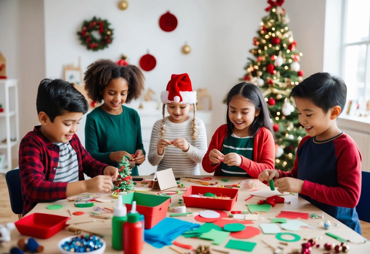 A table covered with craft supplies, surrounded by excited children working on homemade holiday decorations