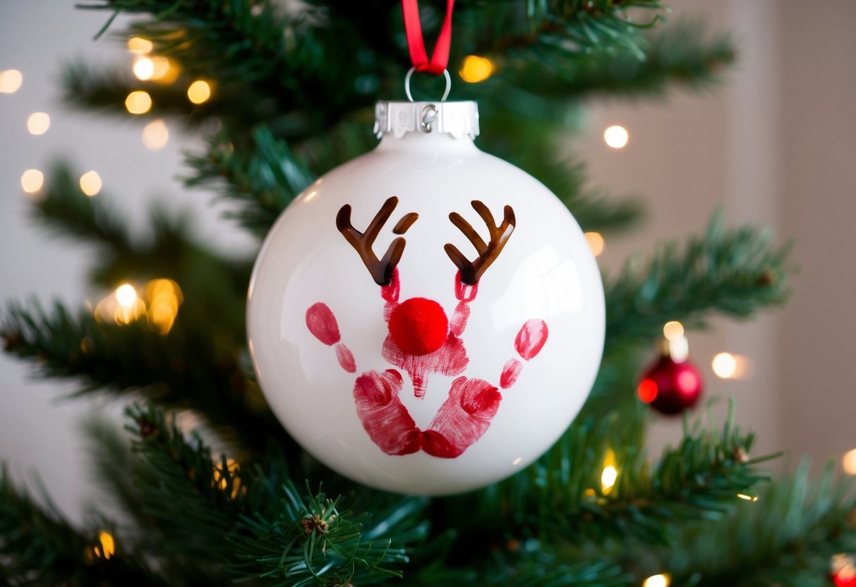 A reindeer ornament made from a handprint with antlers and a red nose, hanging on a Christmas tree