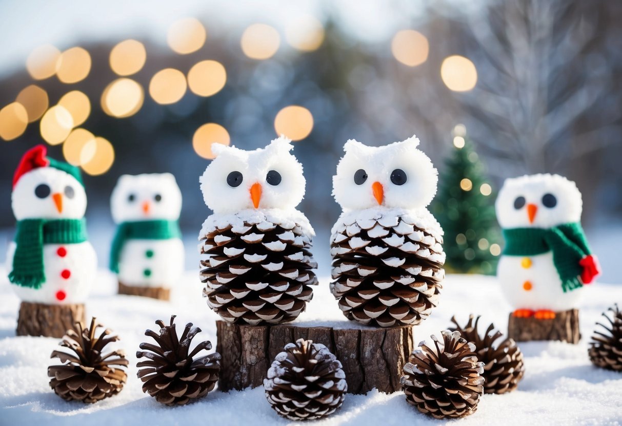 Snowy owls made from pinecones perch on a snowy landscape, surrounded by homemade holiday decorations crafted by children