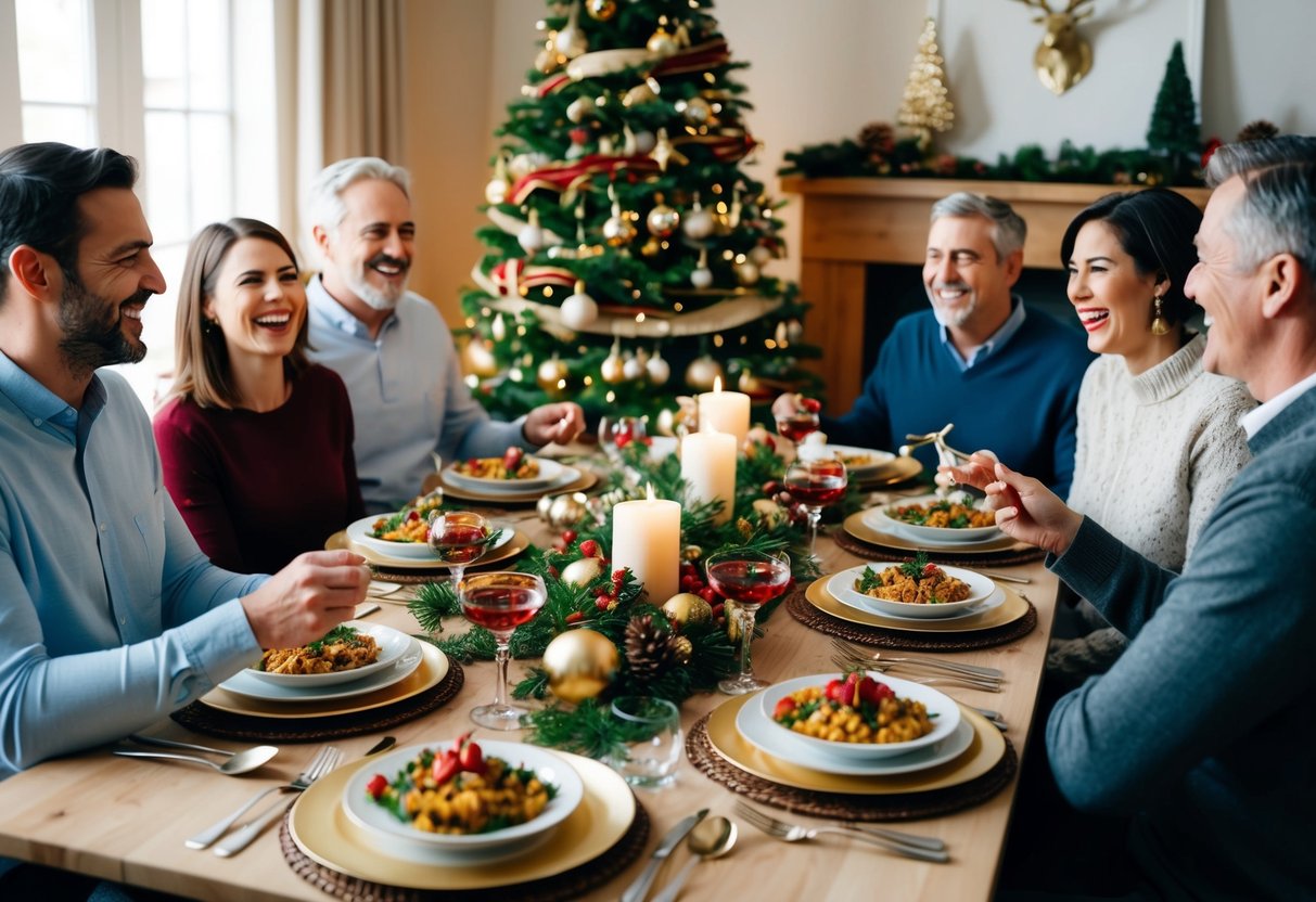 A festive table set with traditional holiday dishes surrounded by family members laughing and sharing stories. A decorated tree and cozy fireplace complete the scene