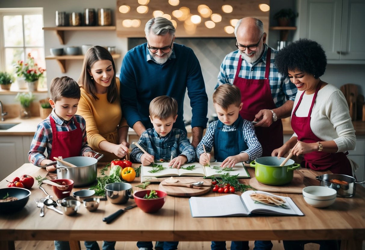 A cozy kitchen table set with a variety of cooking utensils, surrounded by family members of different ages working together on a family cookbook