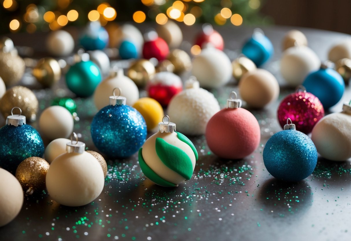 A table scattered with salt dough ornaments in various shapes and sizes, some painted and glittered, others waiting to be decorated