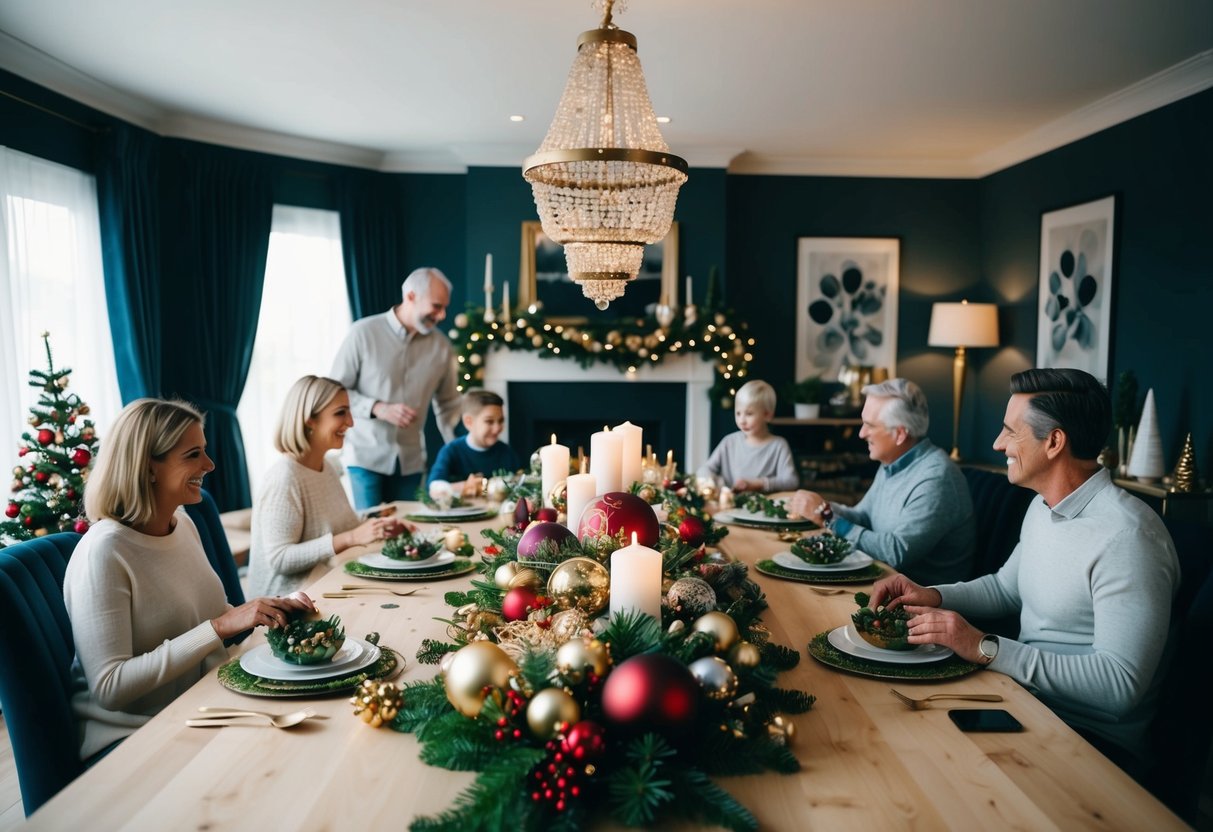 A festive living room with a large table filled with holiday decorations, surrounded by family members happily chatting and working together