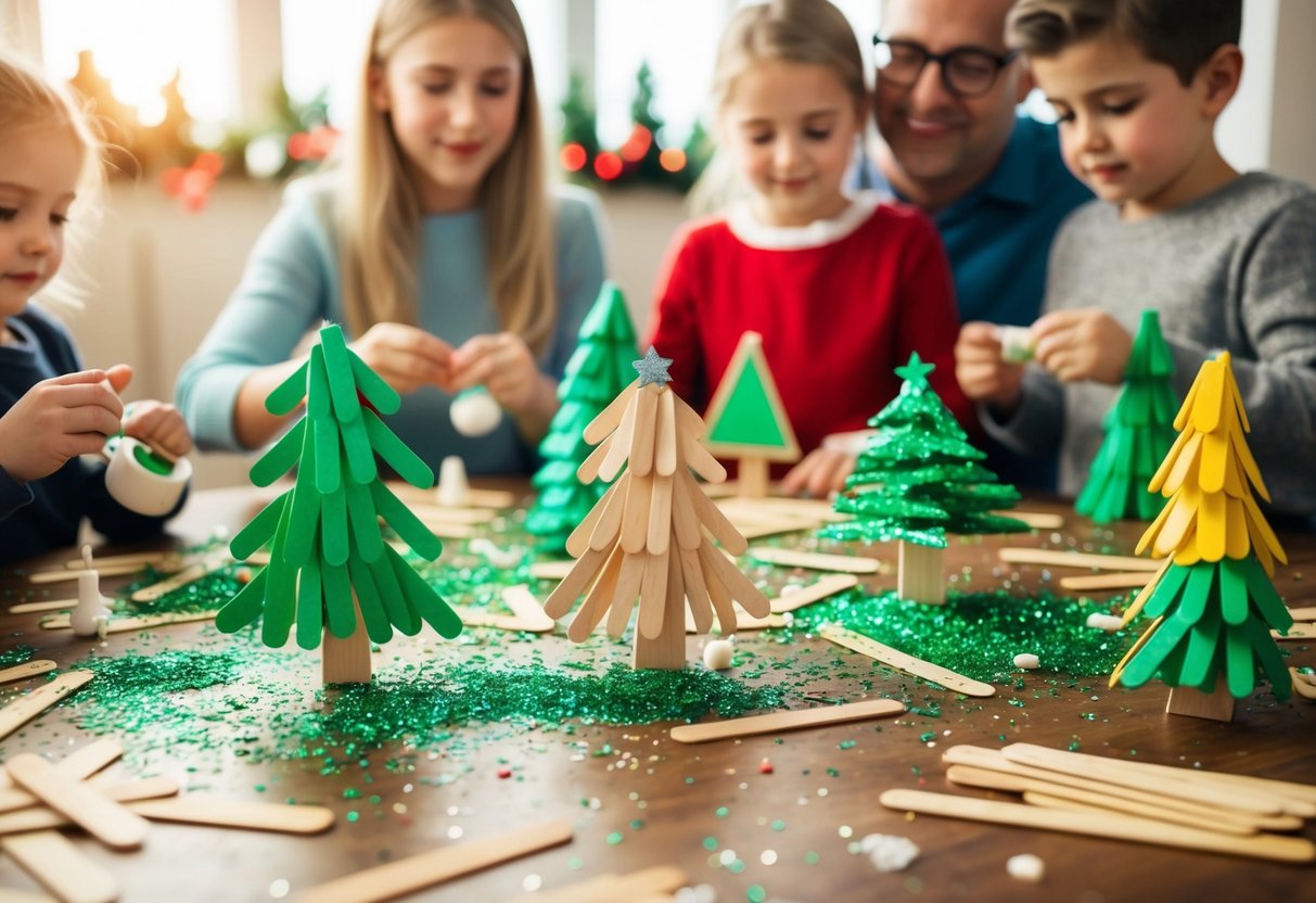 A table scattered with popsicle sticks, glue, and glitter. Miniature Christmas trees take shape as children and parents craft together