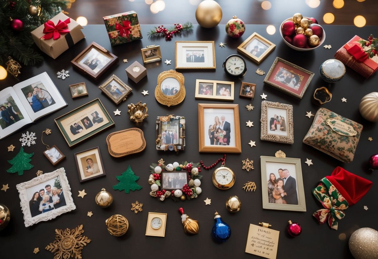 A group of diverse objects arranged on a table, each representing a different family tradition or story. Family photos, heirlooms, and holiday decorations are scattered around the central focal point