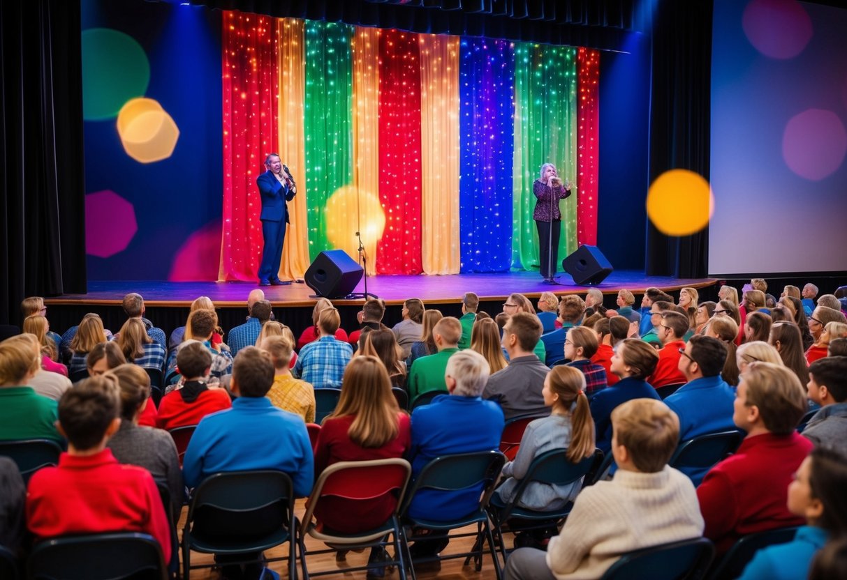 A festive stage with a colorful backdrop, twinkling lights, and a microphone. Audience members of all ages sit in rows, eagerly awaiting the holiday talent show to begin