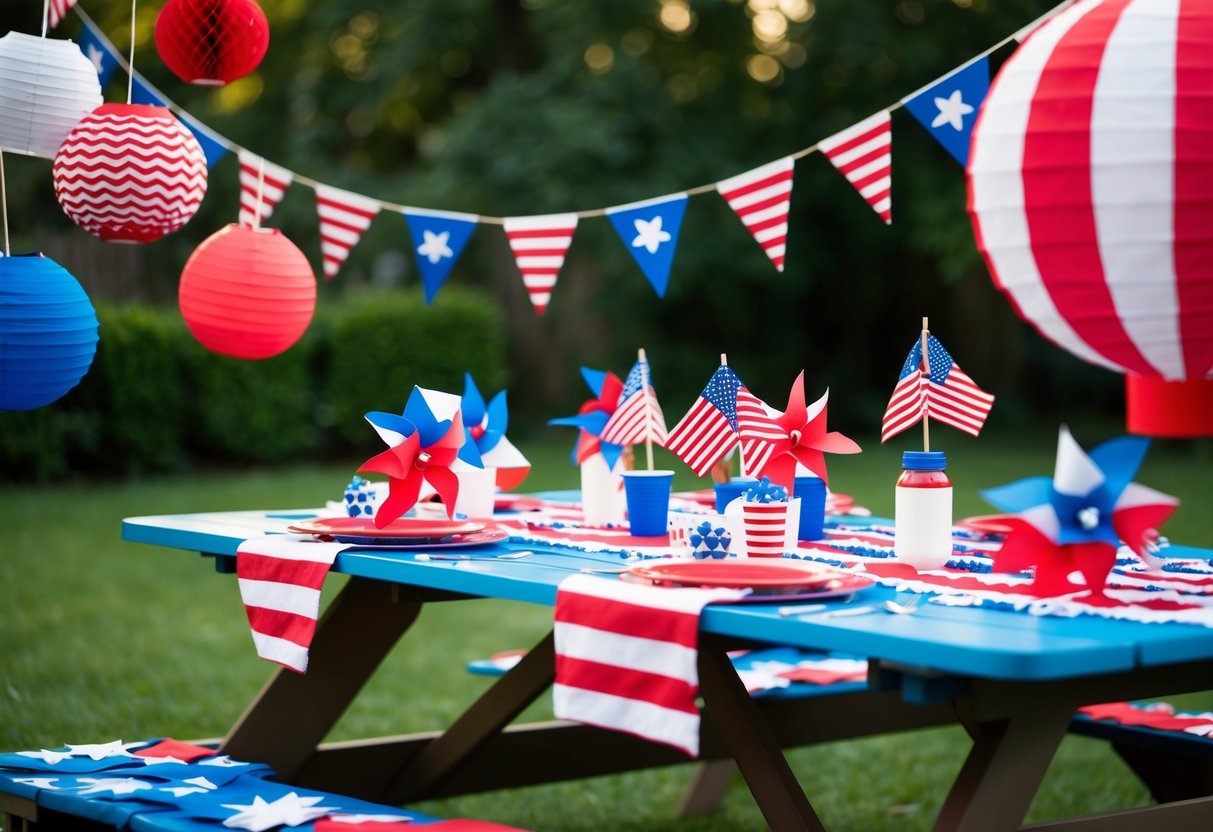 A backyard picnic table adorned with red, white, and blue decorations, surrounded by homemade crafts such as paper lanterns, pinwheels, and patriotic bunting