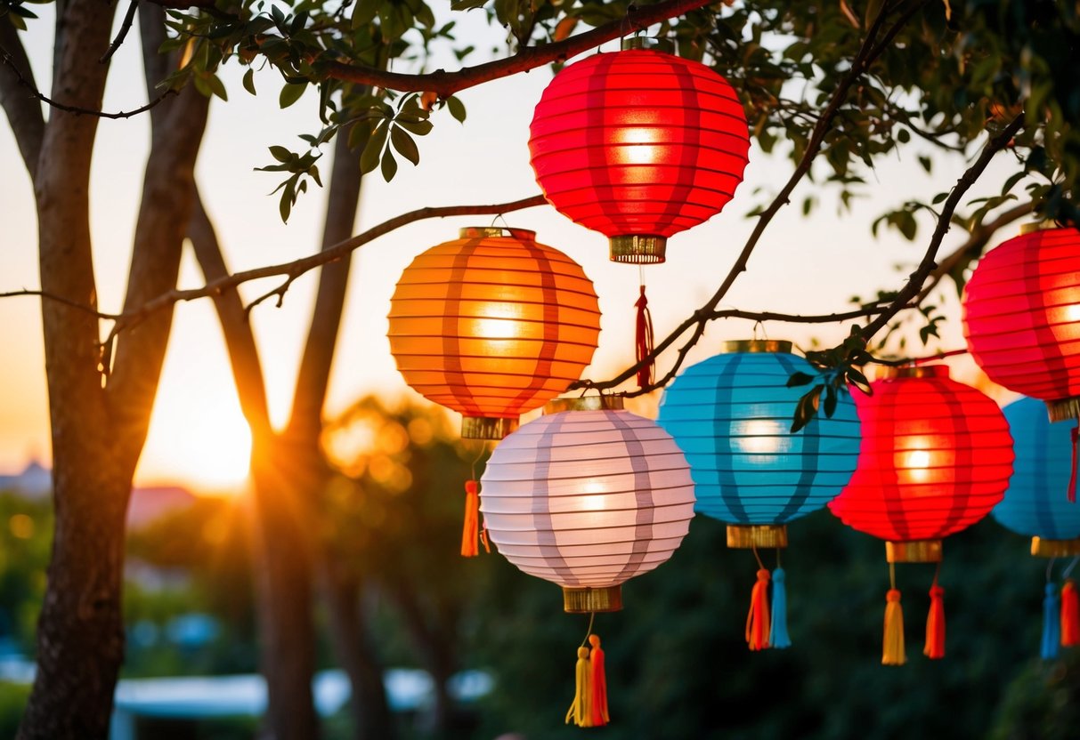 Colorful paper lanterns in red, white, and blue hang from tree branches, swaying gently in the breeze. The sun sets behind them, casting a warm glow over the festive scene