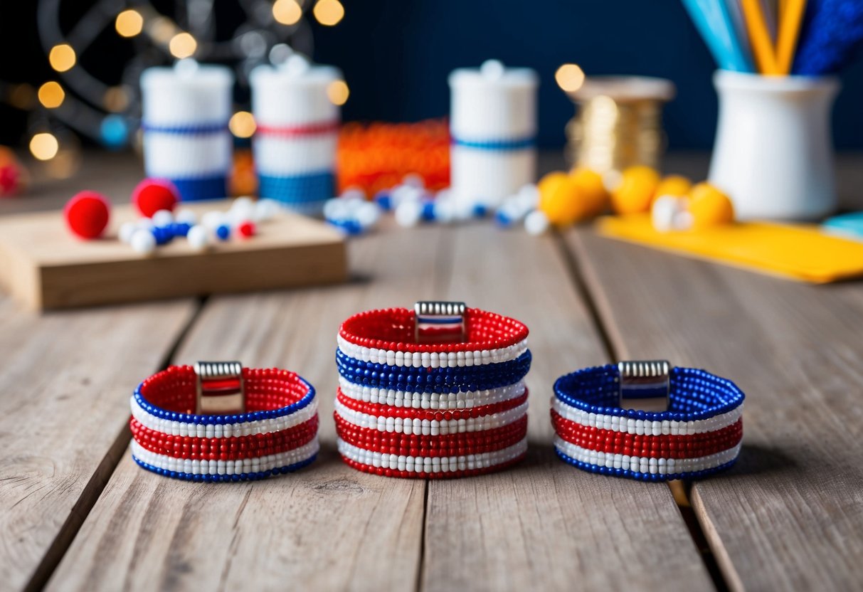 Three beaded bracelets in red, white, and blue arranged on a wooden table with craft supplies