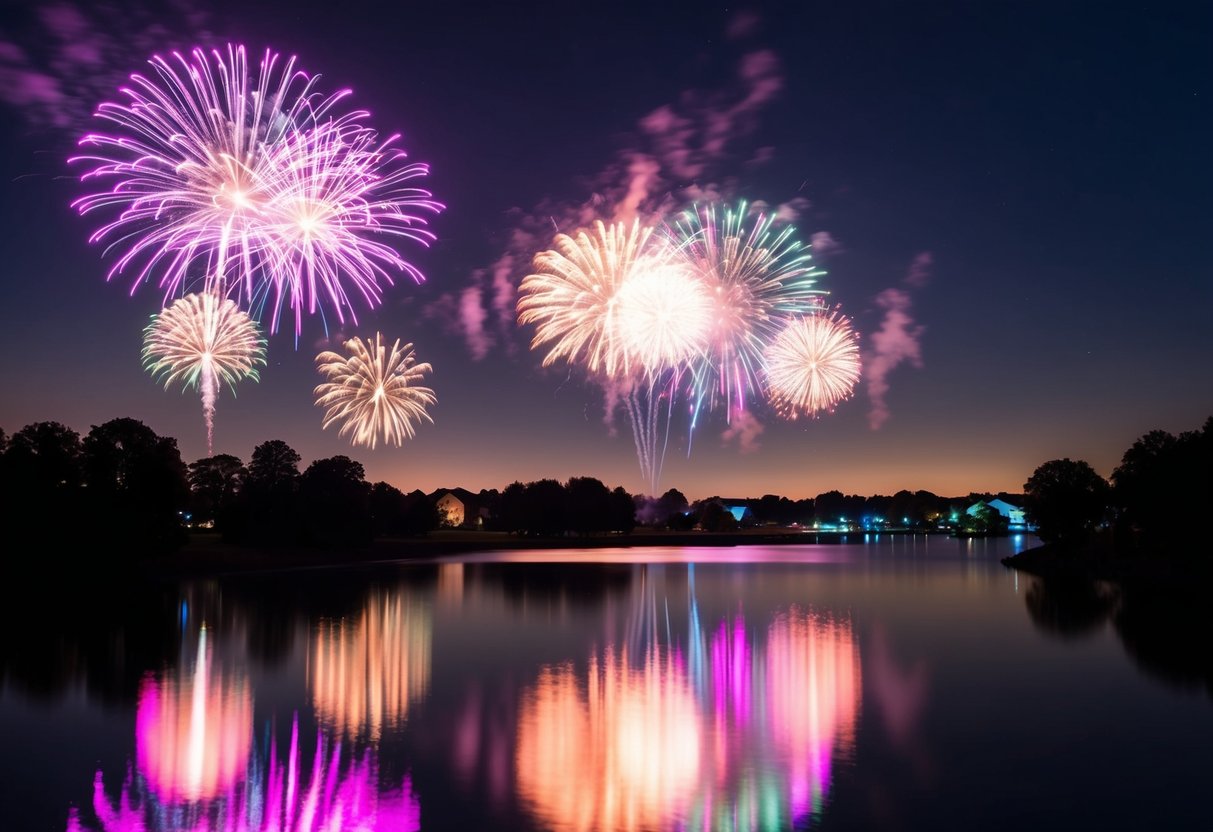 A night sky filled with vibrant bursts of fireworks reflecting off a calm lake, surrounded by silhouettes of trees and distant houses