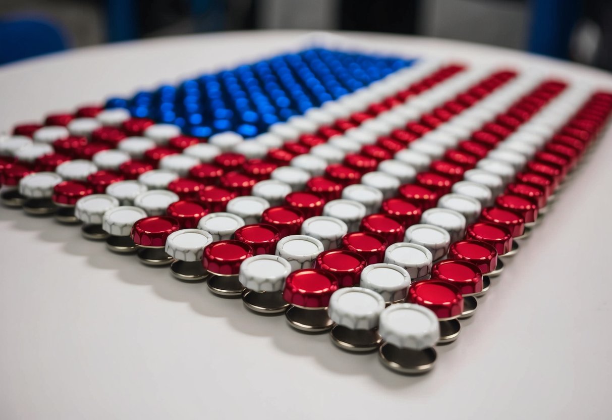 A table with red, white, and blue bottle cap magnets arranged in the shape of an American flag