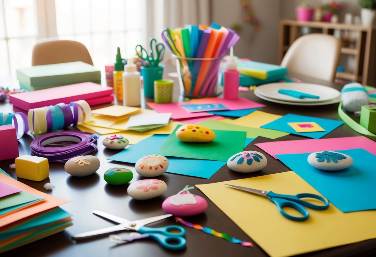 A table scattered with craft supplies, including colorful paper, glue, scissors, and ribbons. Handmade cards, painted rocks, and other small gifts are displayed