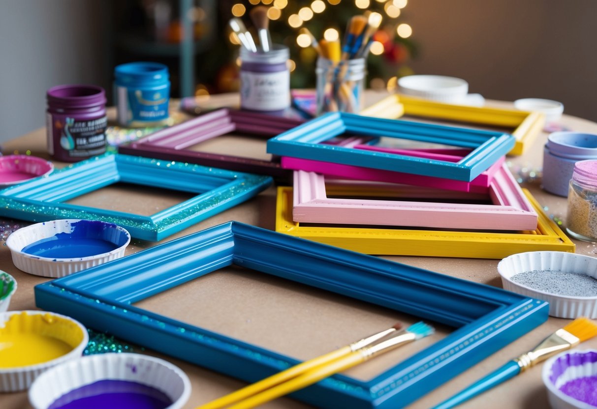 A table with various painted picture frames in different colors and patterns, surrounded by art supplies like paint, brushes, and glitter