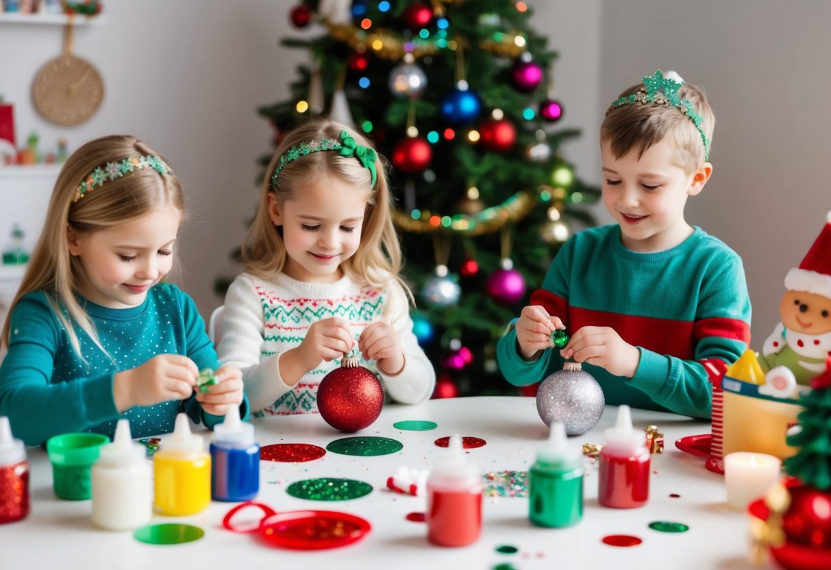 Children crafting Christmas ornaments with glitter, paint, and glue at a festive table surrounded by colorful craft supplies and holiday decorations