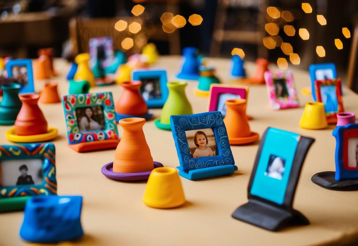 A table scattered with colorful clay picture holders, each uniquely shaped and decorated with patterns and designs