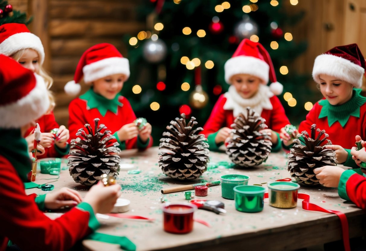 A group of pinecone elves crafting Christmas ornaments with glitter, paint, and ribbons in a cozy woodland workshop