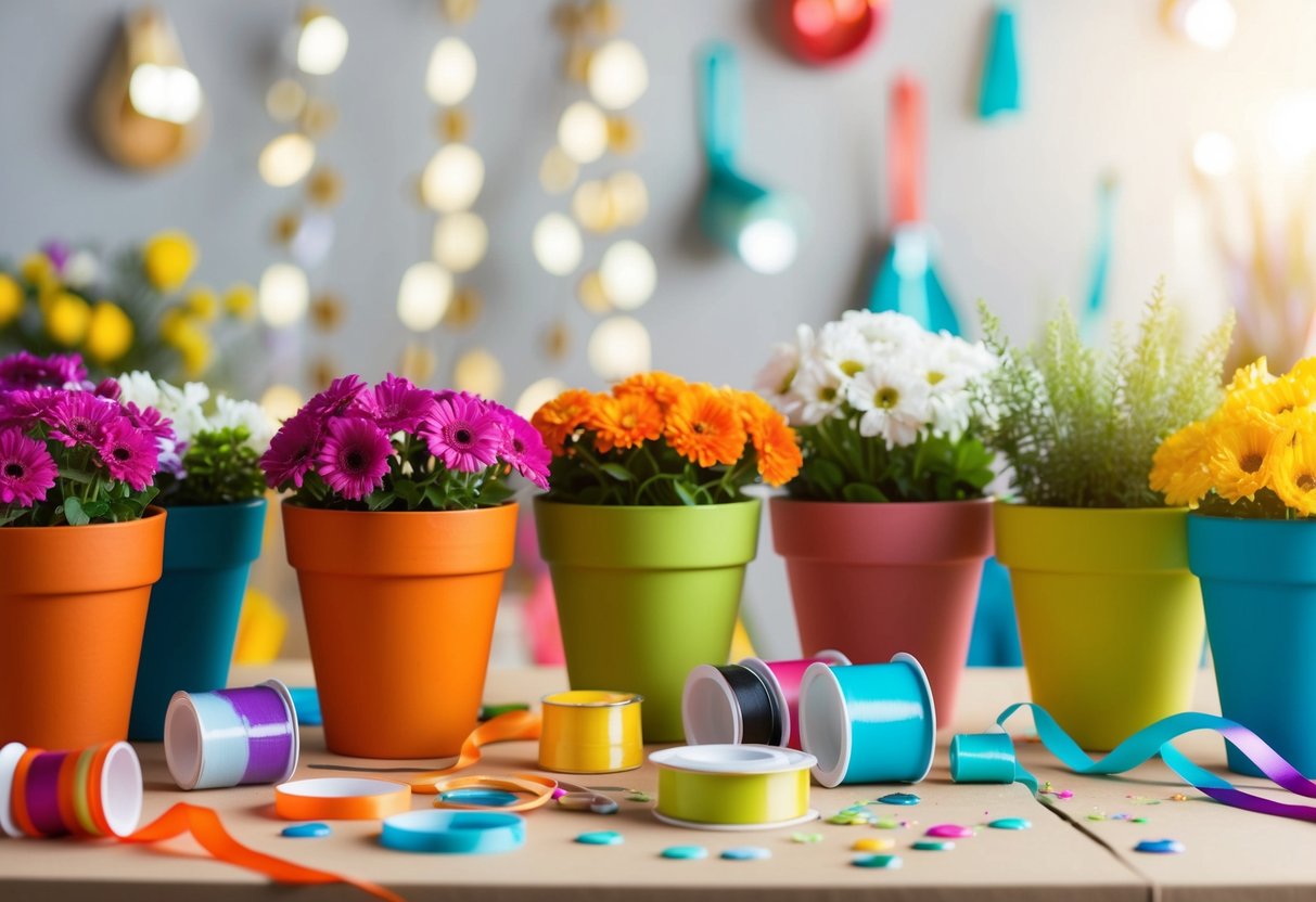 Colorful flower pots arranged on a table with ribbon, paint, and craft supplies scattered around