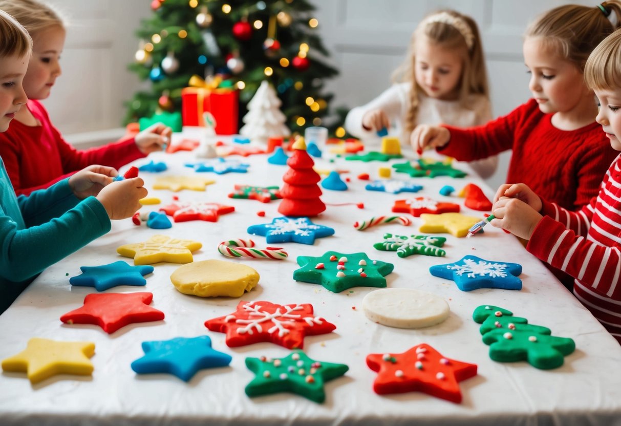 A table covered in colorful salt dough ornaments, with kids crafting and decorating various Christmas shapes like stars, snowflakes, and candy canes