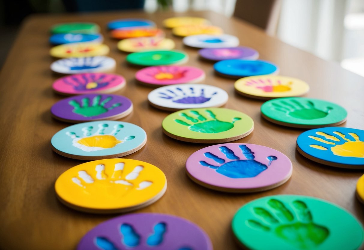 Colorful handprint coasters arranged in a row, each with a unique design and vibrant colors. The coasters are neatly placed on a table, ready to be given as special handmade gifts