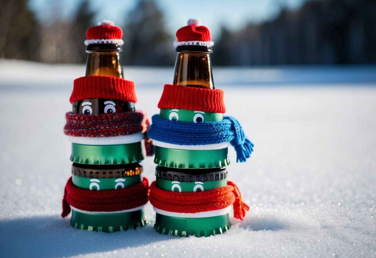 Three bottle caps stacked, each with a different facial expression, adorned with tiny scarves and hats, arranged on a snowy surface