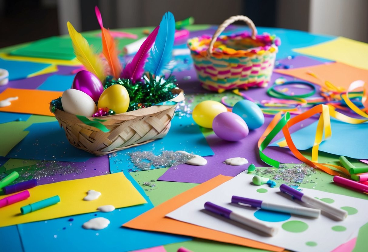 A table covered in colorful paper, paint, glue, and glitter. A basket of plastic eggs, pipe cleaners, and feathers scattered around. Brightly colored ribbons and markers strewn across the table