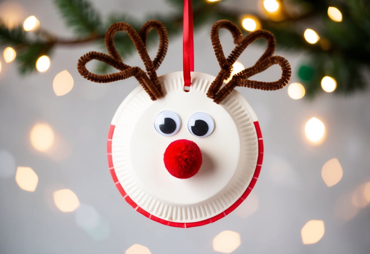 A paper plate reindeer ornament with googly eyes, a red pom-pom nose, and antlers made of brown pipe cleaners