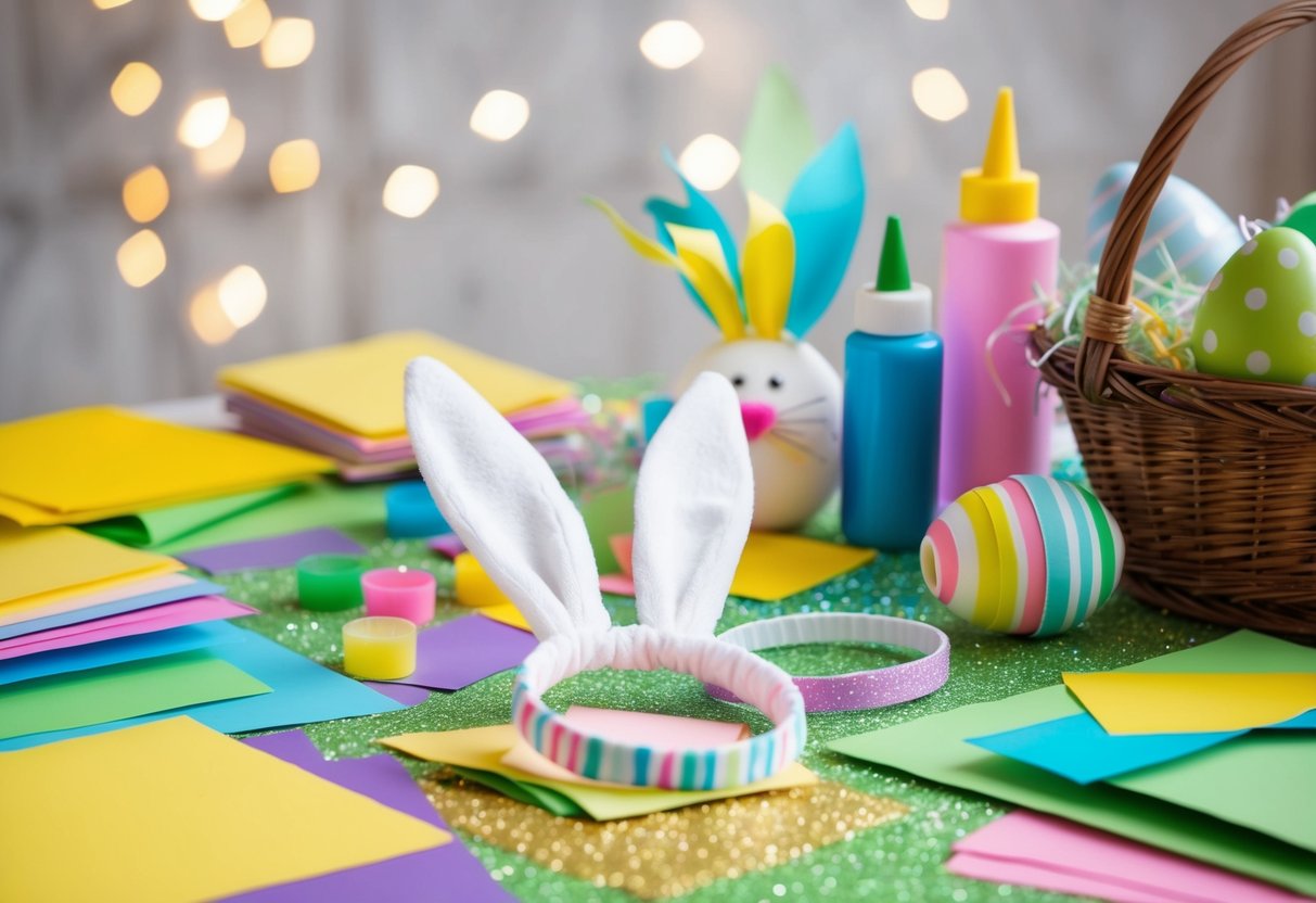 A table covered in colorful paper, glue, and glitter. A pile of bunny ear headbands next to a basket of Easter-themed craft supplies