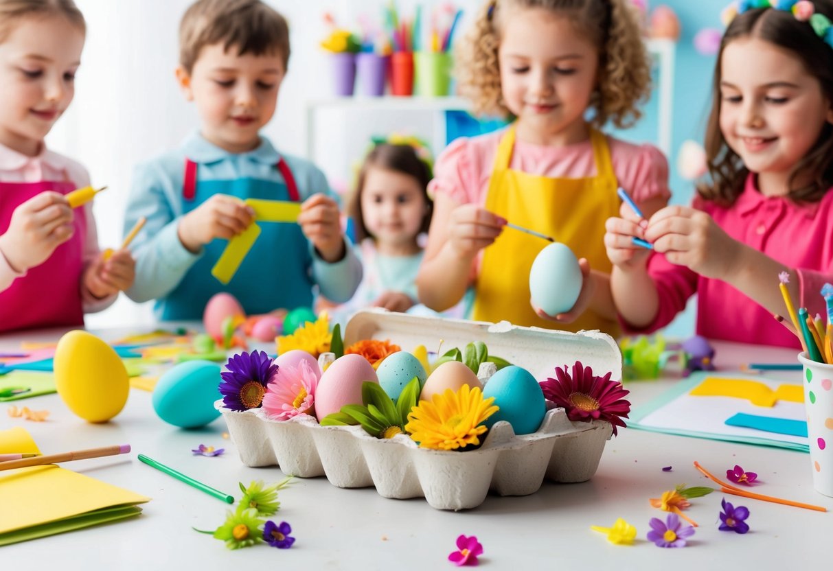 An egg carton filled with colorful flowers, surrounded by art supplies and happy children crafting for Easter