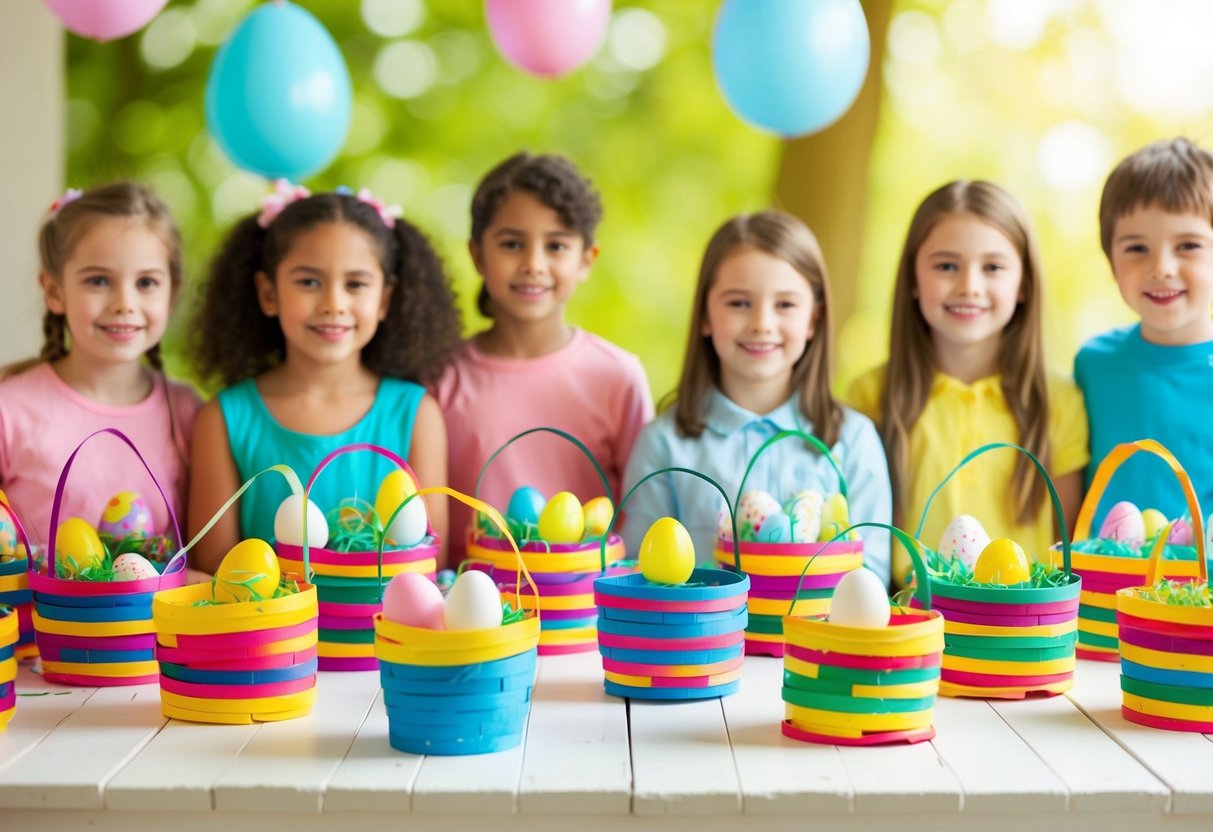 A table covered in colorful popsicle stick baskets, filled with Easter crafts and surrounded by happy children