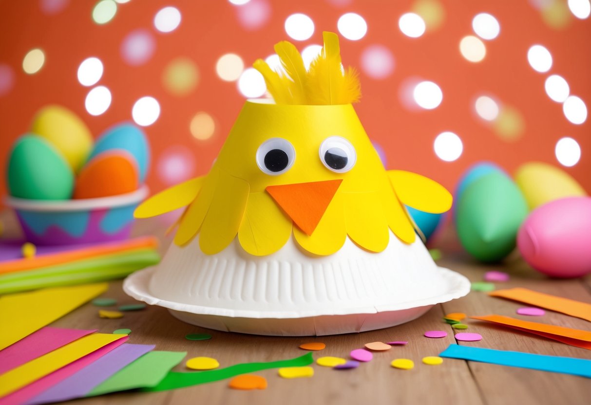 A paper plate chick with yellow feathers, orange beak, and googly eyes surrounded by colorful Easter craft supplies