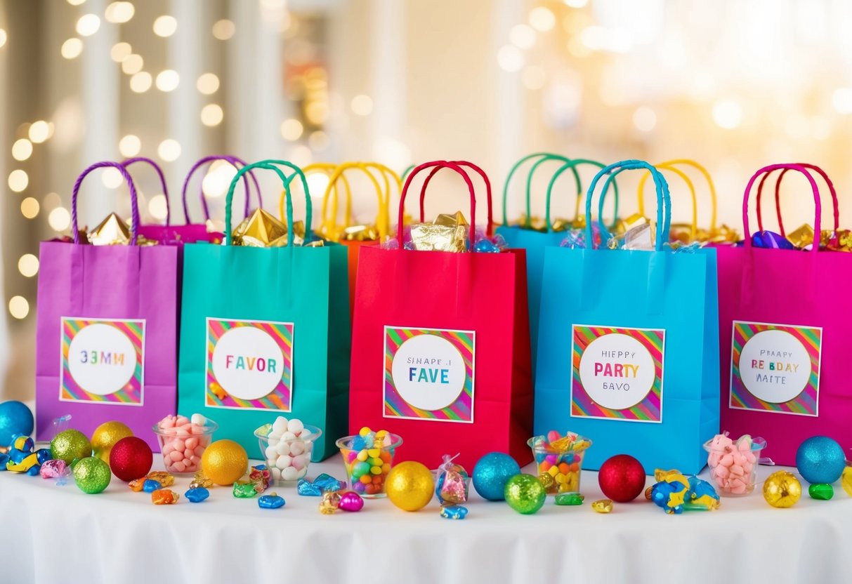 A table with colorful party favor bags, personalized labels, and various small gifts like candies, toys, and trinkets displayed in an organized and festive manner