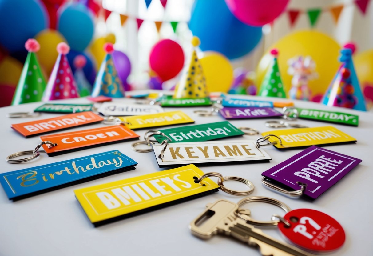 A table with various custom name keychains, surrounded by party decorations and birthday favors