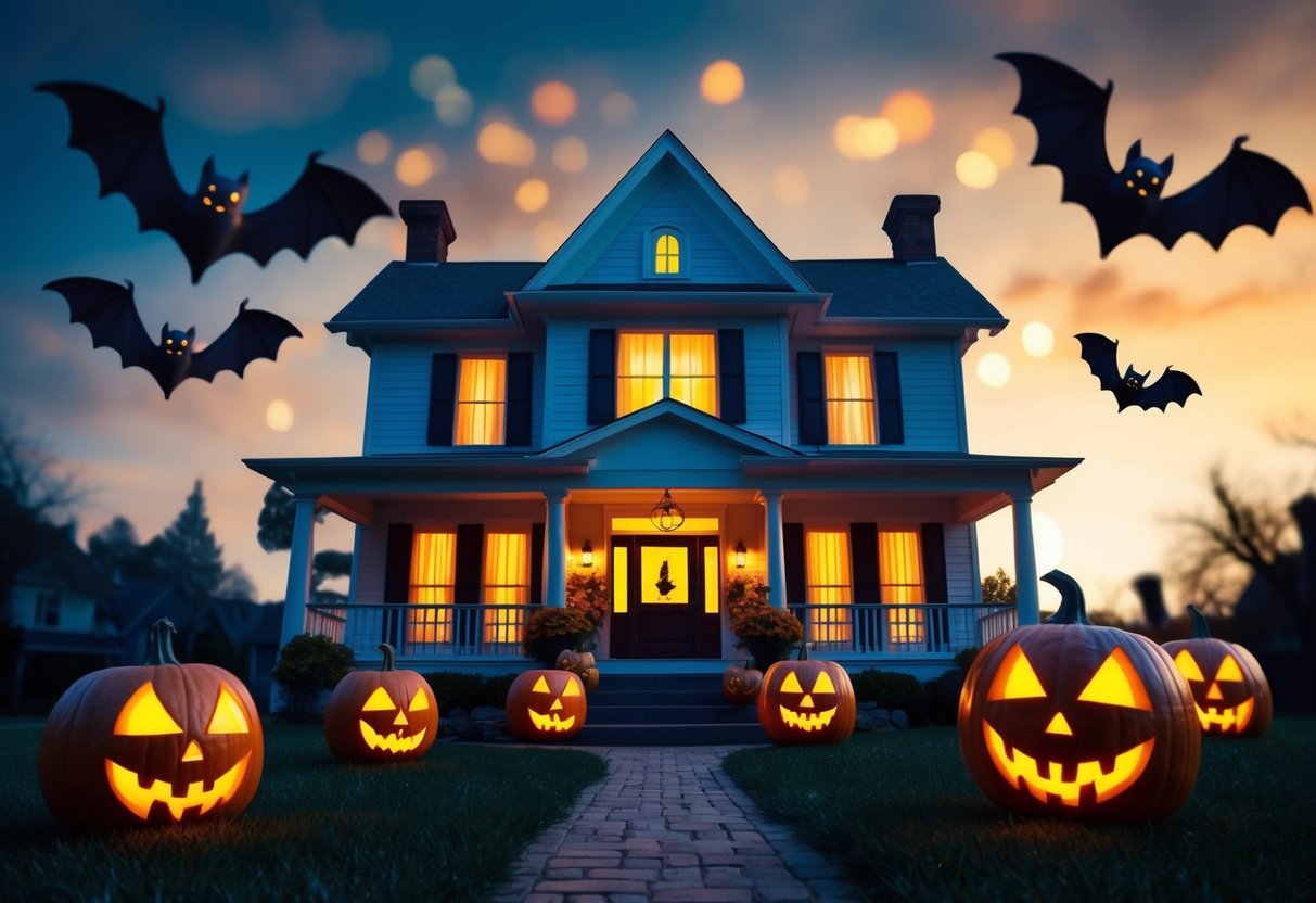 A haunted house with glowing jack-o'-lanterns, spooky bats, and eerie ghosts floating around