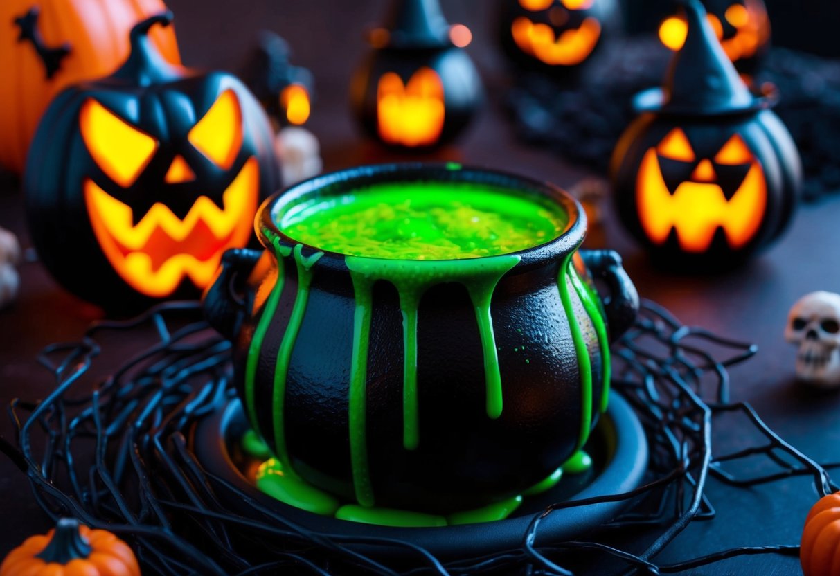 A cauldron filled with glowing green slime surrounded by spooky Halloween decorations