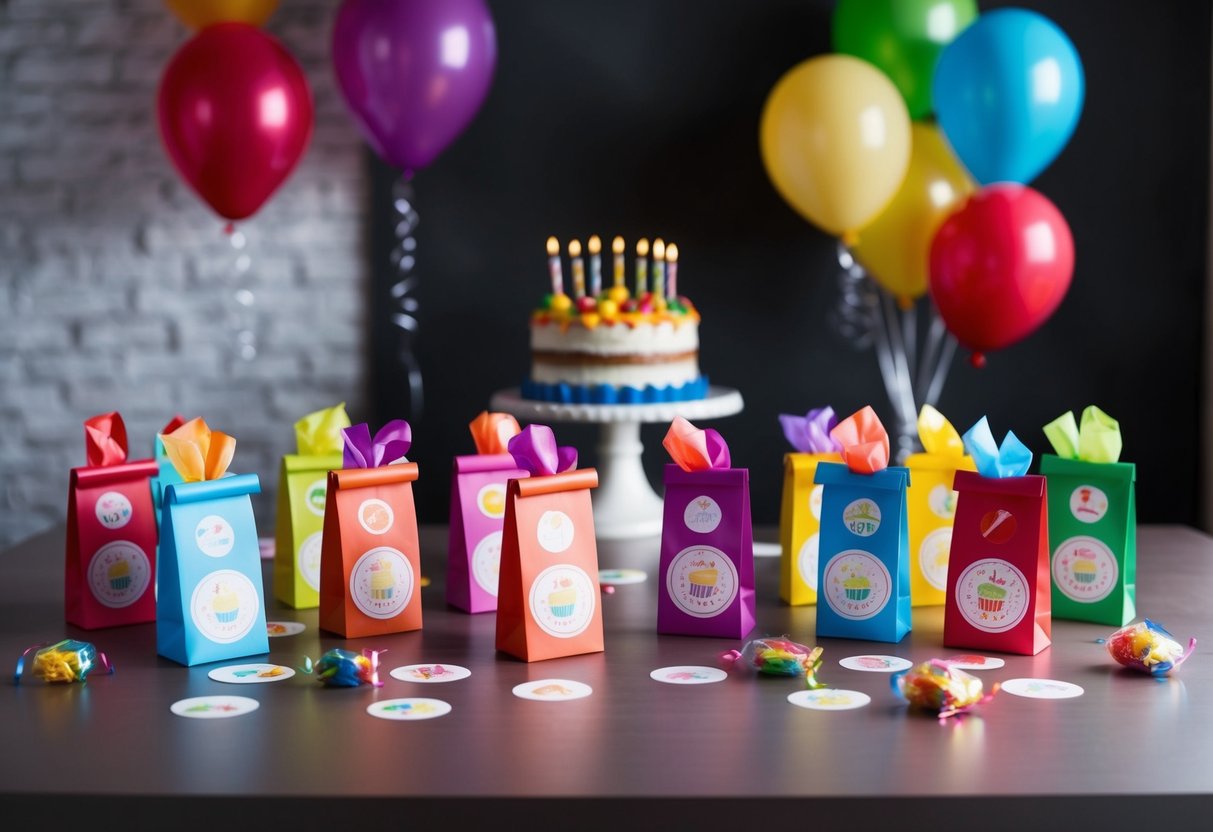 A table set with colorful candy bags, ribbons, and stickers. A birthday cake and balloons in the background