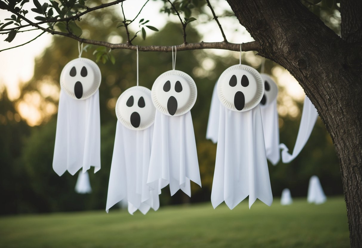 A group of paper plate ghosts hanging from a tree, with spooky faces and flowing white sheets