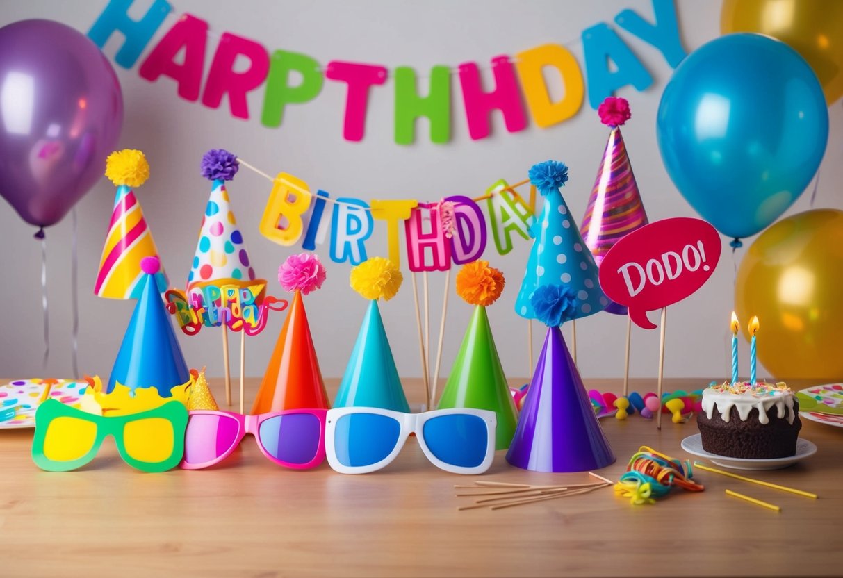 Colorful photo booth props arranged on a table with birthday decorations, balloons, and a cake in the background