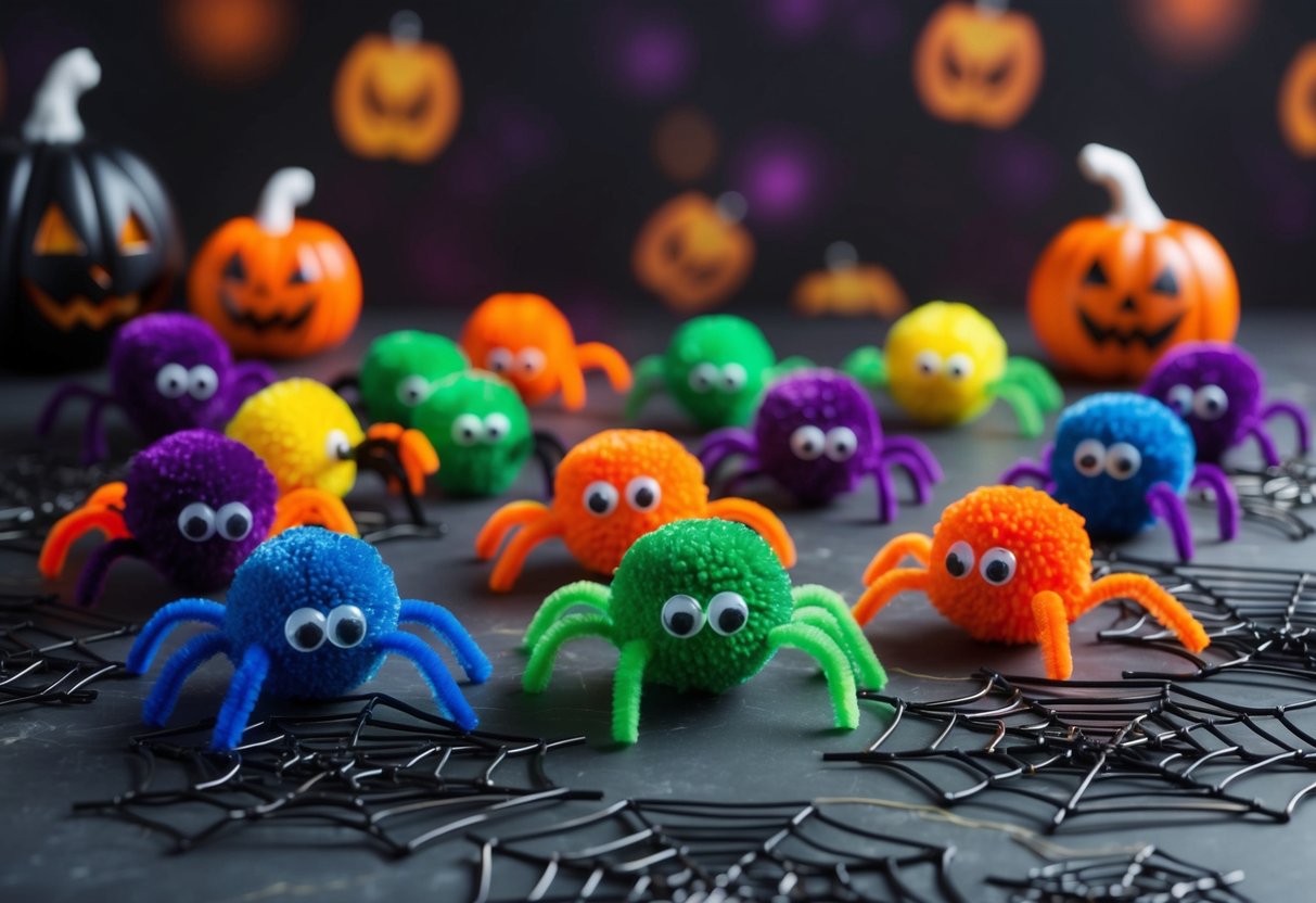 A group of colorful pom-pom spiders with googly eyes and pipe cleaner legs scattered across a spooky Halloween-themed background