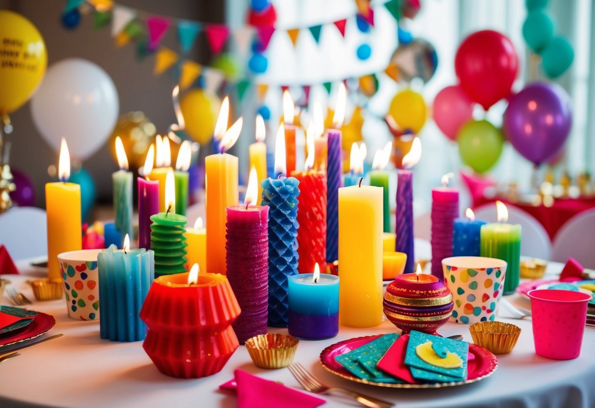 A table adorned with colorful handmade scented candles in various shapes and sizes, surrounded by party decorations and personalized birthday favors