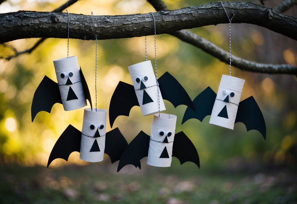 A group of bats made from toilet rolls, hanging from a tree branch in a spooky Halloween setting