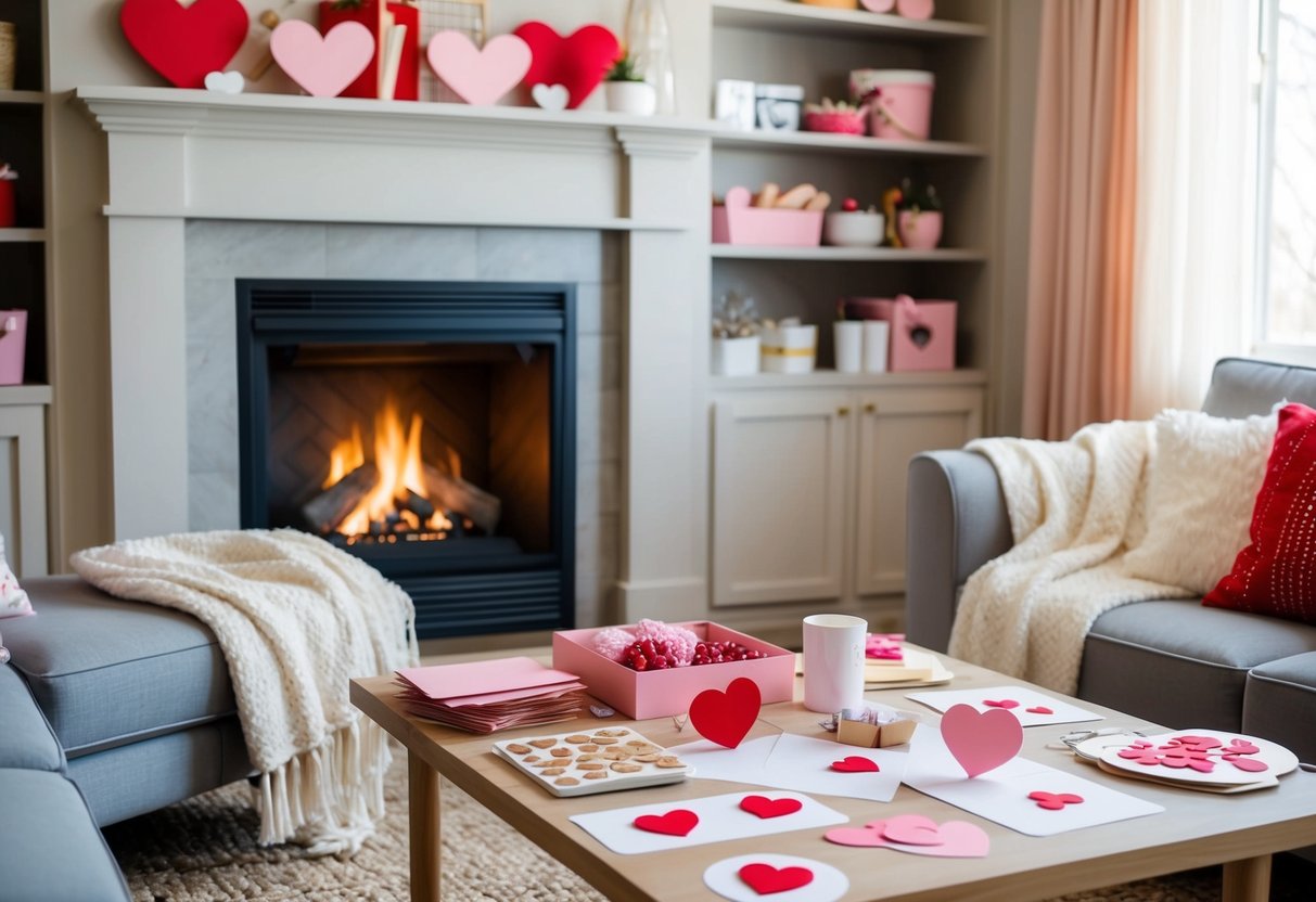 A cozy living room with a crackling fireplace, soft blankets, and shelves filled with craft supplies. A table is set with materials for DIY Valentine’s Day projects, such as handmade cards and heart-shaped decorations