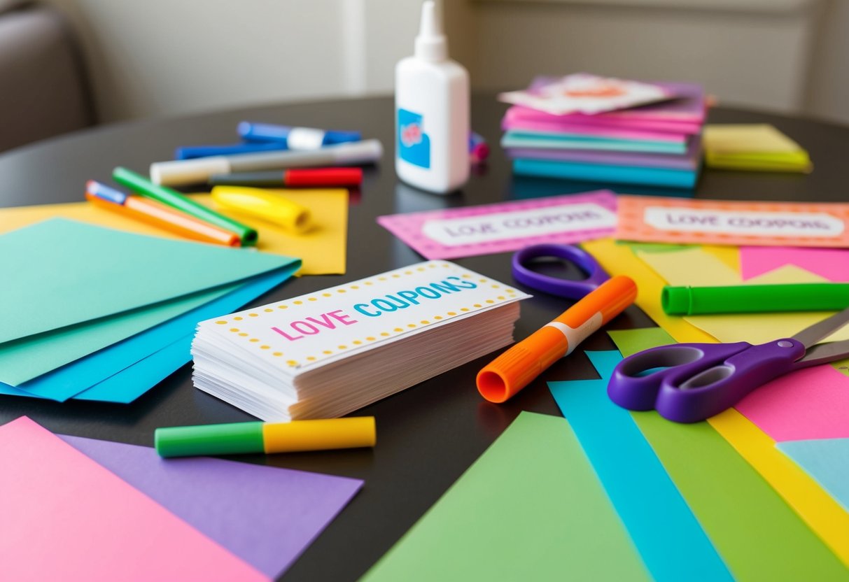 A table scattered with colorful paper, markers, and craft supplies. A pair of scissors and a glue stick sit next to a stack of personalized love coupons