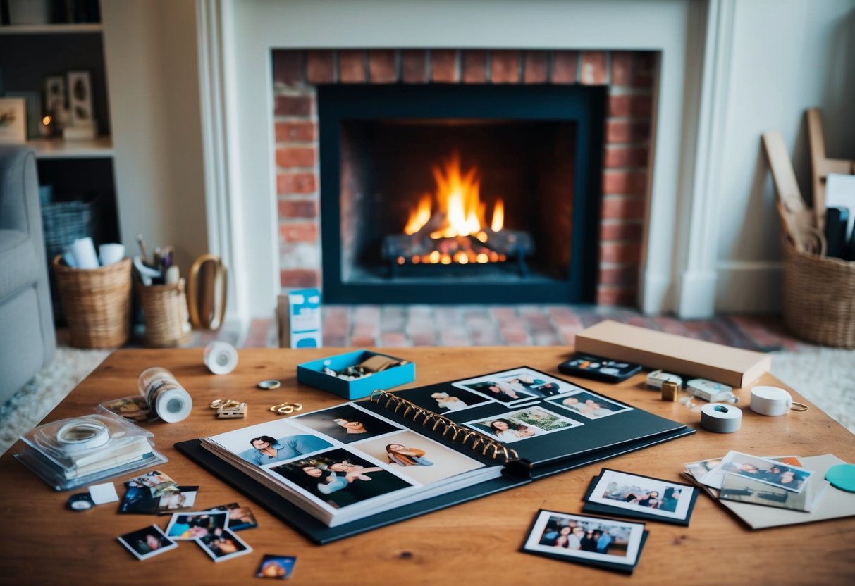 A cozy living room with a crackling fireplace, scattered craft supplies, and a handmade photo album filled with memories