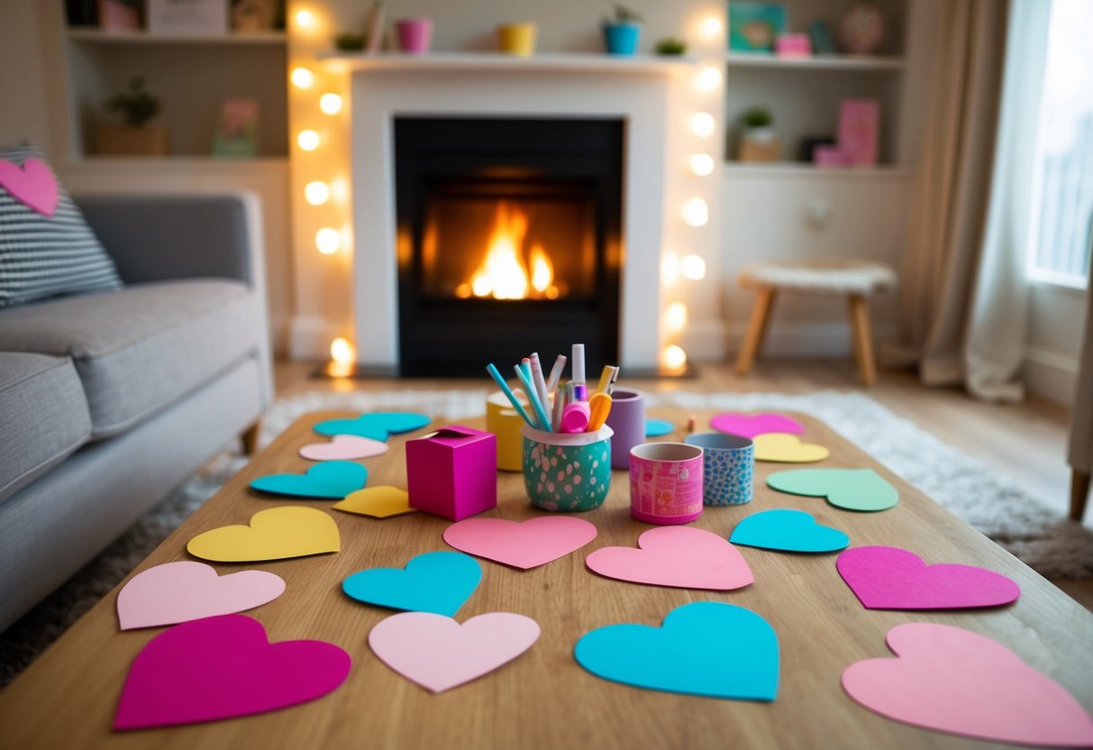 A cozy living room with soft lighting, a crackling fireplace, and a table covered in colorful paper hearts and craft supplies