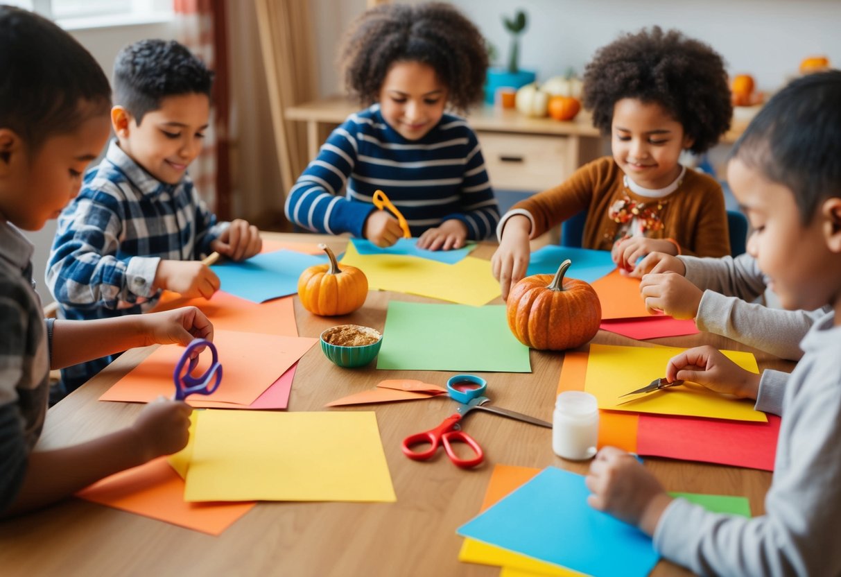 A table filled with colorful paper, glue, and scissors. A group of children happily working on Thanksgiving-themed crafts