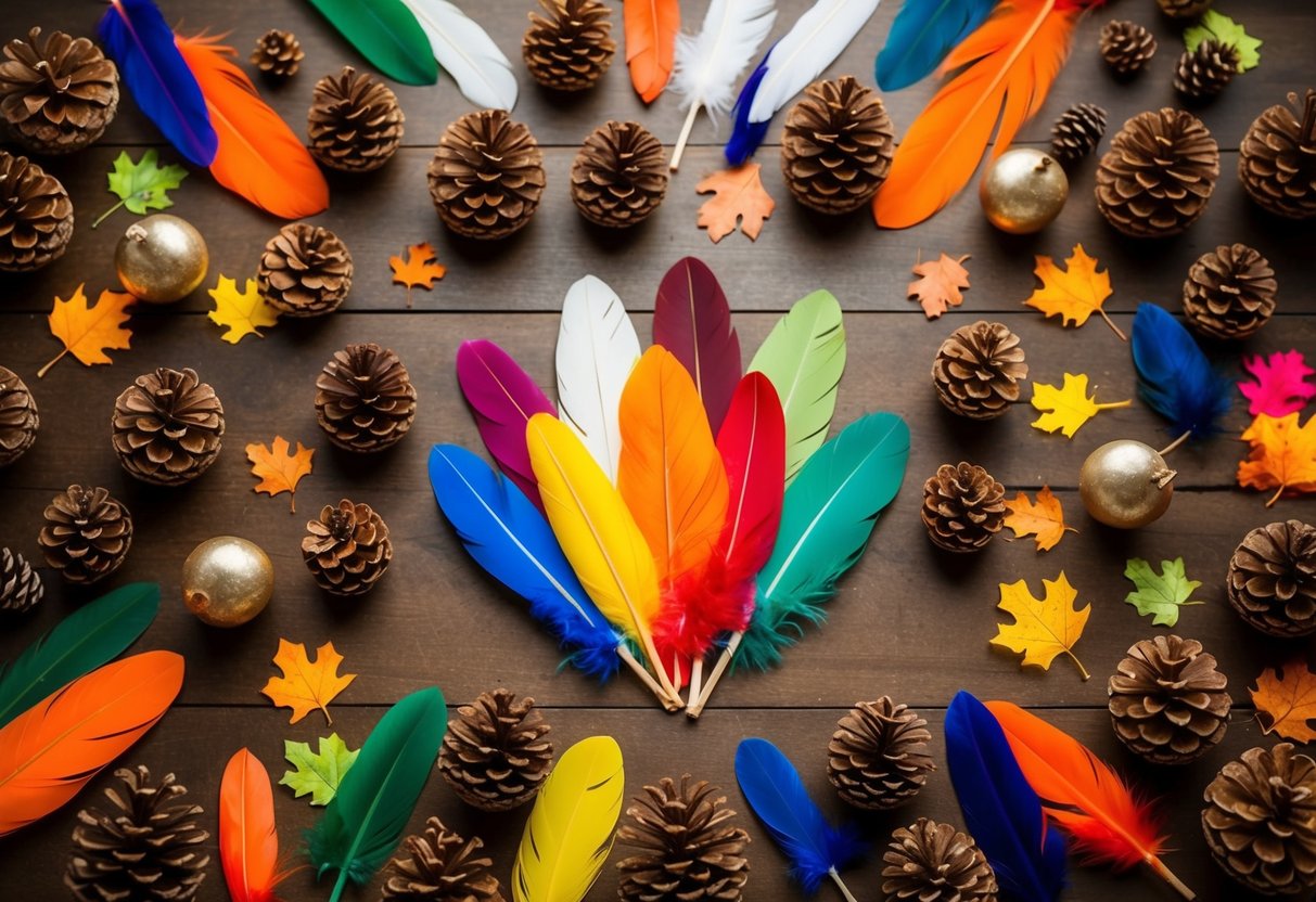 A table scattered with pinecones, colorful feathers, and craft supplies for making Thanksgiving turkey decorations