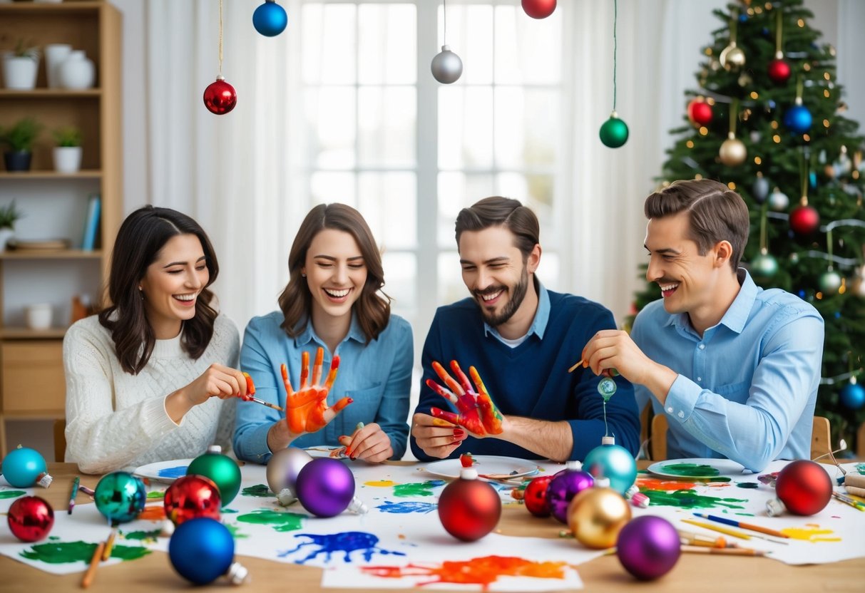 A table scattered with colorful paint, brushes, and various ornaments. A family of four sits together, laughing and creating handprint designs on the ornaments