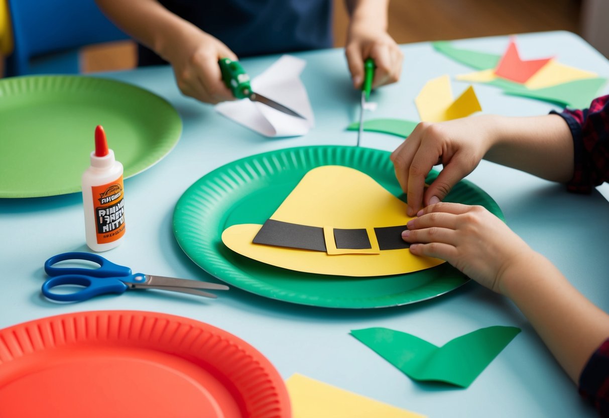 A table with colorful paper plates, scissors, glue, and construction paper. Pilgrim hat shapes are being cut out and assembled by small hands